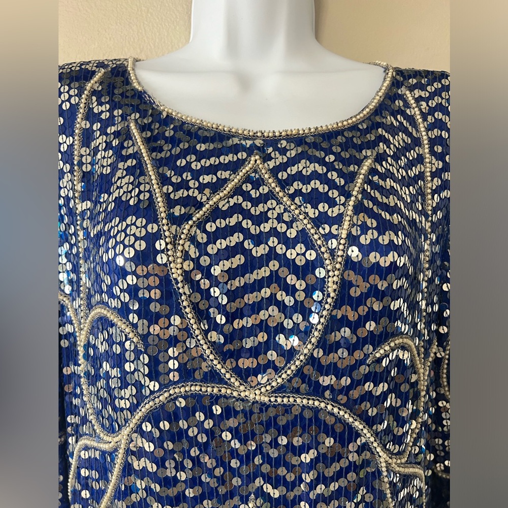Vintage Blue Sequin Beaded Silk Dress Art Deco Midi Party Formal - Picture 2 of 16